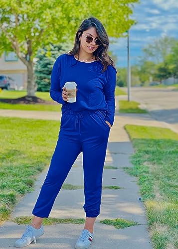 PRETTYGARDEN Women Fall 2 Piece Lounge Outfit Long Sleeve Tops High Waisted Jogger Pants Set Spring Travel Clothes Tracksuit - color: Blue, size: Medium