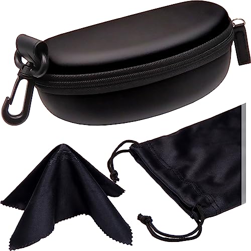 MyEyeglassCase Sports Sunglasses Case and Slim wallet Semi hard large glasses case w/belt clip soft pouch & cloth - color: B15hc Black/Black1