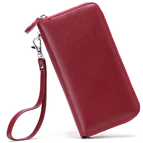 Moflycom Womens Wallet RFID Blocking Genuine Leather Zip Around Wallet Clutch Wristlet Travel Long Purse for Women - color: Deep Red
