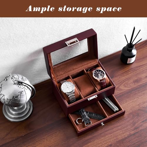 ProCase Watch Box, 3 Slot Watches Display Case with Drawer, Mens Watch Case with Glass Lid, 2-Layer Mens Jewelry Organizer Storage Holder, Birthday Valentine Gifts for Men-3 Slot, Espresso - color: Espresso, size: 3-Slot