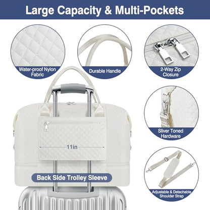 ITIEZY Weekender Overnight Bag for Women - Large Travel Duffel Bag with Shoe Compartment, Gym Duffel Bag Hospital Bag Carry On Tote Bags for Airplanes with Crossbody Bag Toiletry Bag 3Pcs Set - color: 9A-Off White