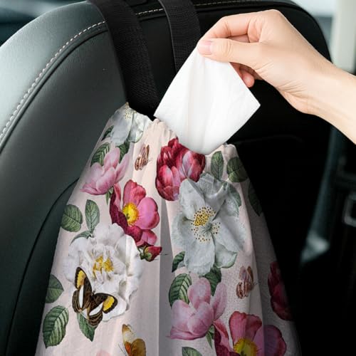 Car Trash Bag Hanging Back of Seat with Adjustable Snap Buckle Strap Cute Printed Drawstring Garbage Bags for Car-Pink Floral - color: Pink Floral Car Trash Bag