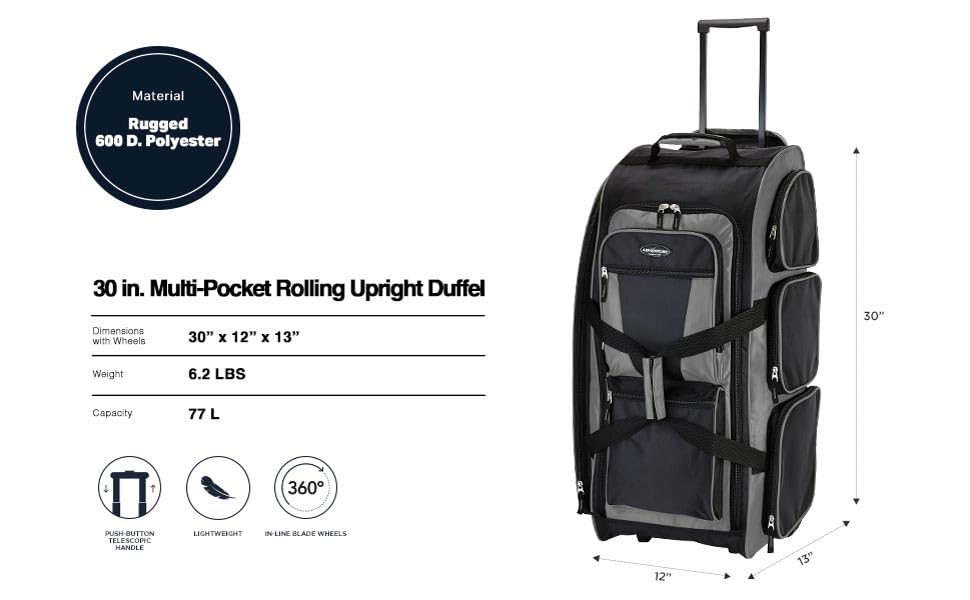 Travelers Club Xpedition 30 Inch Multi-Pocket Upright Rolling Duffel Bag - color: Charcoal Grey