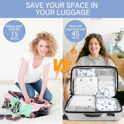 KPX 8 Set Packing Cubes for Travel, Luggage Packing Organizers Accessories Large Toiletries Bag for Clothes Shoes Cosmetics (8Set-Butterfly) - color: 8Set-Butterfly
