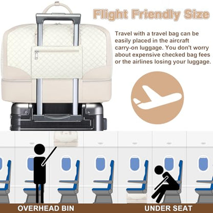 ITIEZY Weekender Overnight Bag for Women - Large Travel Duffel Bag with Shoe Compartment, Gym Duffel Bag Hospital Bag Carry On Tote Bags for Airplanes with Crossbody Bag Toiletry Bag 3Pcs Set - color: 9-White