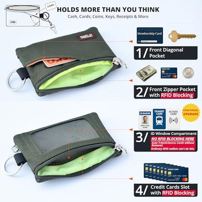 RFID Blocking Travel Wallet with Adjustable Lanyard, Small Nylon Zipper Pouch and Badge Holder for ID, Credit Cards, Cash, Keys, Commuters (AmyGreen) - color: Amy Green