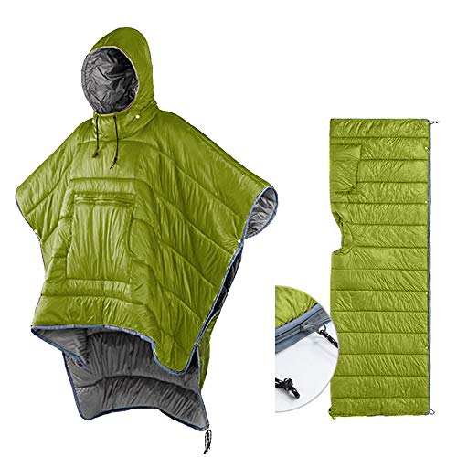 Camp Poncho Sleeping Bag Wearable Hooded Blanket - Envelope Lightweight Thermal Cloak Cape Windproof with Premium Stuff Compression Sack for Backpacking Hiking Hunting Fishing Outdoor Sport - color: Green