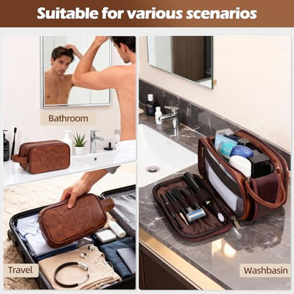 Engraved Father Day Gifts Toiletry Bag for Men Dad Husband, Custom Initial PU Leather Waterproof Toiletry Organizer Dop Kit Shaving Bag Travel Essentials, Large, Durable, Brown,J - style: J