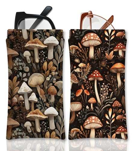 Eyeglasses Sunglasses Case PU Soft Squeeze Top Glasses Pouch for Women Student,Floral Pattern Portable Anti Scratch - color: Brown-mushroom04