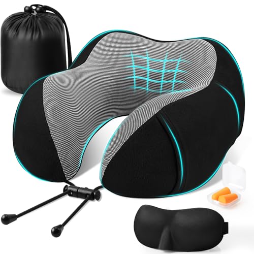 CloudBliss Travel Pillow for Airplane, Memory Foam Neck Pillow for Travel, Compact Flight Pillow with Eye Mask, Earplugs, Carry Bag, Travel Neck Pillow for Long Flight Sleep, Plane Accessories, Black - color: Black