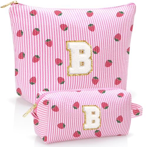 Personalized Initial Makeup Bag,Strawberry Print Preppy Cosmetic Toiletry Travel Bag,Trendy Letter Makeup Pouch for Teen Girls and Women,Holiday & Birthday Gift,2 Pack (B, Pink Strawberry) - style: B