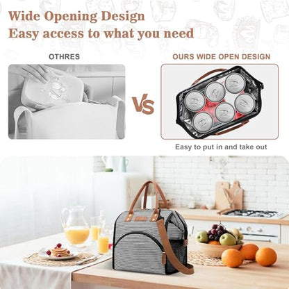 LOKASS Lunch Bag Insulated Lunch Box Wide-Open Lunch Tote Bag with Removable Shoulder Strap for Women/Men Adults Work Picnic Hiking Beach Fishing(Stripes) - color: Black&White Stripes-Straps