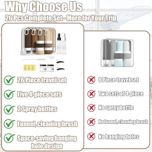 26 Pcs TSA Approved Travel Toiletry Bottles Set, Leakproof Silicone Refillable Travel Containers with Hanging Hole & Carabiner, Travel Essentials, for Shampoo Conditioner Lotion Body Wash - style: E