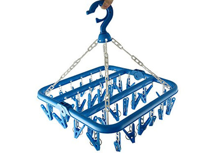 Clip and Drip Hanger Clothes Hanger Drying Rack 32 Clips (Blue) - color: Blue