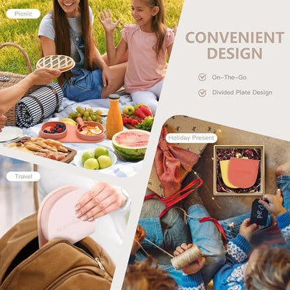 Silicone Foldable Novelty Dinner Plates, Baby Plates Travel Essential with Forks and Spoons, Microwave & Dishwasher Safe, Sage - color: Sage, style: No-Suction