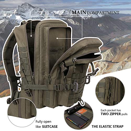 Hannibal Tactical MOLLE Assault Backpack, Tactical Backpack Military Army Camping Rucksack, 3-Day Pack Trip w/USA Flag Patch, D-Rings, Olive - color: Olive