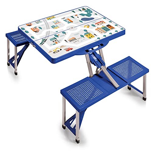Picnic TIME Portable Folding Picnic Table with Seats for 4, Collapsible Aluminum Table with Benches & Umbrella Hole, Lightweight Foldable Table for Camping, Travel, Backyard, Tailgating | with Umbrella Hole - color: Play Town - Blue