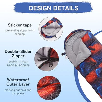 tuphen Kids Sleeping Bag - 50-77℉ 3-Season Waterproof Sleeping Bag for Boys & Girls, Lightweight 2.2 lbs Camping Gear with Compression Bag Ideal for Camping, Hiking, Indoor - color: Blue&Red