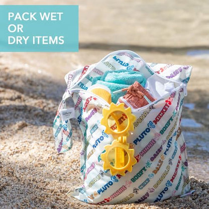 Bumkins - Waterproof Wet Bag & Clear Travel Bags - For Beach, Baby, Travel, Swim Suit, Cloth Diapers, Pump Parts, Pool, Gym, Toiletries - Reusable & Easy to Clean - Mickey and Friends White - 4 Pack - color: D1 Mickey Varsity-4