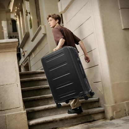 Merax Luggage Sets 5 Piece Front Open, Hardside 20" Carry On Suitcase Set with USB Port,Lightweight Expandable Travel 24" 28" Luggage with Bags TSA Locks Double Spinner Wheels,Black - color: Black-1, size: 3 piece(20front open+24+28+bags)