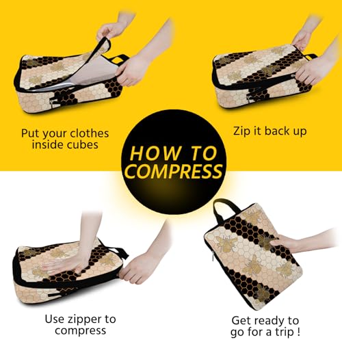 6 Pcs Compression Packing Cubes Waterproof Suitcase Travel Bag Luggage Backpack Organizer Travel Cubes for Packing-Black and Gold Bees - color: Black Bees