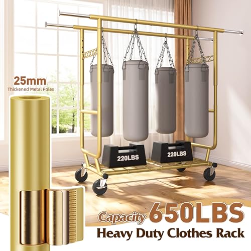 Raybee Clothes Rack Load 650LBS Heavy Duty Clothing Rack, Collapsible Clothes Racks for Hanging Clothes with Adjustable Height & Double Rods, Commercial Garment Rack with Wheels, Easy Assembly, Gold - color: Gold