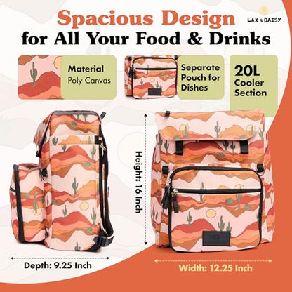 Lax & Daisy Travel Picnic Backpack for 2 Persons - 14 Piece Set Cooler Bags Insulated for Beach, Camping, Hiking & Parks with Blanket, Tumblers, Plates, Gold Cutlery & Cutting Board (Cactus Print) - color: Desert Daze