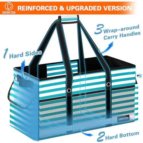 Extra Large Utility Tote Bag with Reflective Strip, Standing Reusable Grocery Bags with Hard Bottom, Collapsible Utility Tote with Handles for Shopping, Beach, Picnics, Car, Striped Green - color: Striped Green