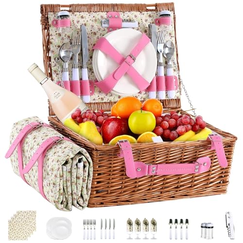 Picnic Basket Set for 4 with Waterproof Blanket Mat Insulation Bag Wicker Pink Floral Classic Fresh Gift for Christmas Thanksgiving Wedding Birthday Camp Outdoor Beach Travel - color: Pink Floral