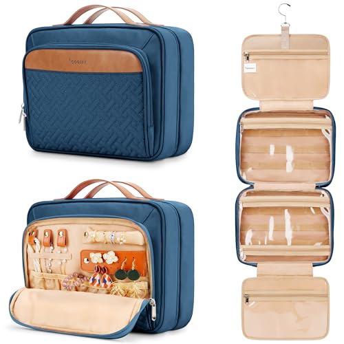 Travel Hanging Toiletry Bag for Women, with Jewelry Organizer Compartment, Medium Waterproof Hanging Makeup Accessories, Cosmetic Essentials, Toiletries Dopp Kit Set with Trolley Belt, Navy Blue - color: Navy Blue, size: Medium