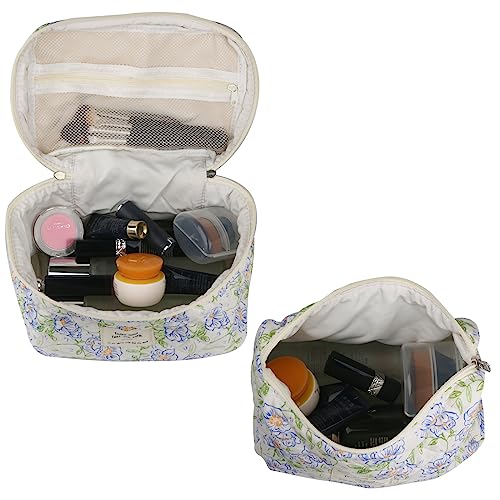 NATINSA Cute Makeup Bag for Women(2 Pcs), Travel Cosmetic Bags, Quilted Coquette Aesthetic Floral Toiletry Organizer Bag (Blue Flower) - color: Blue Flower