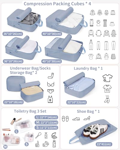 Compression Packing Cubes 11pc Set, Expandable Travel Organizers for Suitcases & Carry Ons, Durable Luggage Packing Bags for Travel Essentials Blue - color: Blue