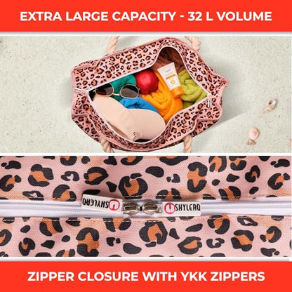 Beach Bag and Pool Bag Has Cooler Pocket, 7 Pockets Total, Zip Top. Family Size Waterproof Beach Tote - color: Leopard