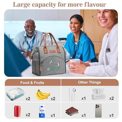 LOKASS Nurse Lunch Bag for Women, Embroidered Lunch Box with Special Nursing Design, Insulated Lunch Tote Ideal for Nurse Gifts, Neutral Grey - color: Gray - Medical ECG