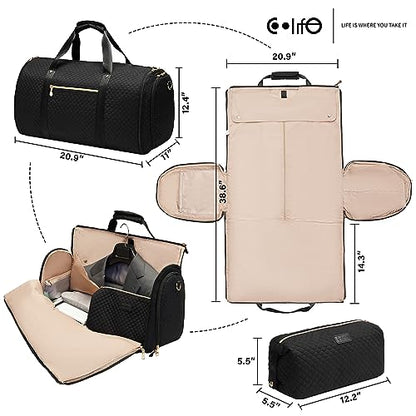 Coolife Garment Bag Carry On Convertible Travel Duffel Bag with Shoe Pouch Weekender Bag for Women Men 2 in 1 Hanging Suit Bag with Shoulder Strap Business Travel Bag (Black, Standard) - color: Black