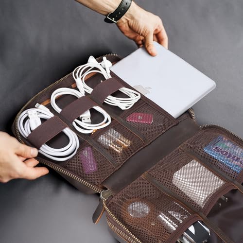Polare Full Grain Leather Travel Cable Organizer Case Double Layer Electronics Accessories Carry Bag with YKK Zippers Tech Storage Bag for Cables, Power Bank, USB, SD Card
