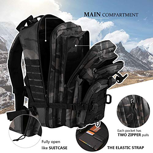 Hannibal Tactical MOLLE Assault Pack, Tactical Backpack Military Army Camping Rucksack, 3-Day Pack Trip w/USA Flag Patch, D-Rings, Black Camo - color: Black Camo