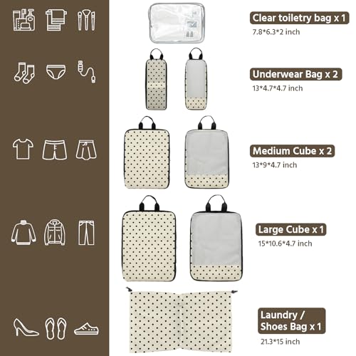 7 Pcs Compression Packing Cubes for Travel, Waterproof Suitcase Luggage Backpack Organizer with Toiletry Bag Travel Essentials for Women/Men-Polka Dots - color: Beige-Polka Dots