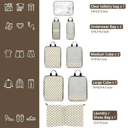 7 Pcs Compression Packing Cubes for Travel, Waterproof Suitcase Luggage Backpack Organizer with Toiletry Bag Travel Essentials for Women/Men-Polka Dots - color: Beige-Polka Dots