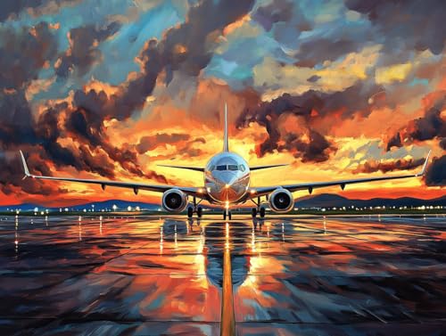 DIY Airplane at an Airport During Sunset 11CT Pre-Printed Cross Stitch Kit for Adults & Beginners, Easy Needlepoint Pattern for DIY Home Décor & Crafts 165
