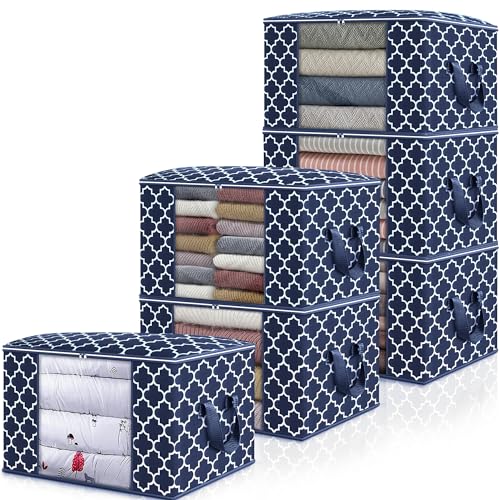 WISELIFE Storage Bags, Large Blanket Clothes Organization and Storage Containers for Bedding, Comforters, Foldable Organizer with Reinforced Handle, Clear Window,Sturdy Zippers,(Blue, 6 x 100L) - color: Blue, size: 6 x 100L