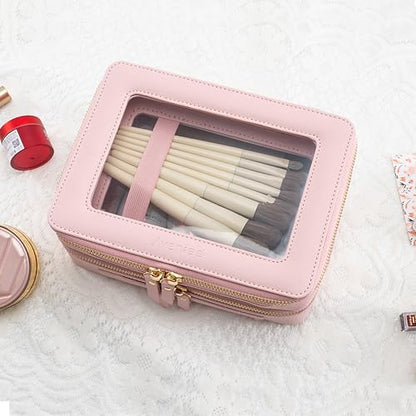 Aveniee XL Clear Makeup Organizer,Double Layer Travel Cosmetic Case with Brush Holder & Zippered Compartments, Large Toiletry Bag Train Case for Women.2 Layers, Pink - color: Pink, style: Dual Layer