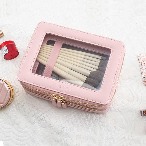 Aveniee XL Clear Makeup Organizer,Double Layer Travel Cosmetic Case with Brush Holder & Zippered Compartments,Big Toiletry Bag for Travel Accessories,2 Layers Large,Pink - color: Pink, style: Dual Layer Large