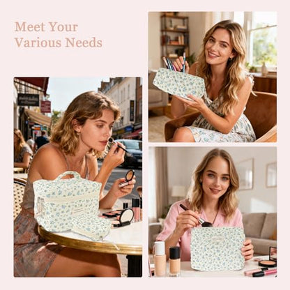 NATINSA Cute Makeup Bag for Women(2 Pcs), Travel Cosmetic Bags, Quilted Coquette Aesthetic Floral Toiletry Organizer Bag (47 - BlueMuDan) - color: 47 - BlueMuDan