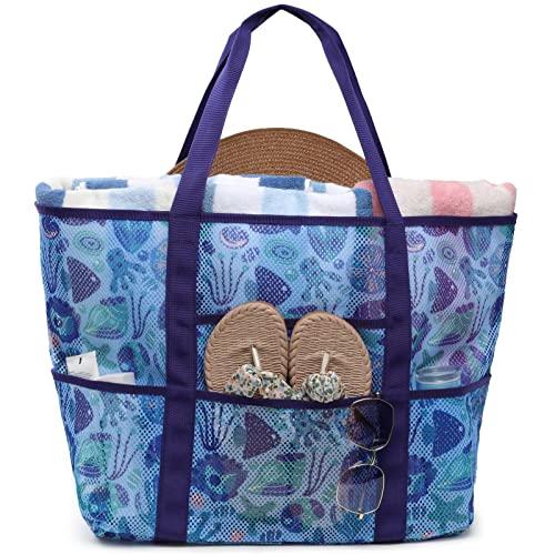 F-color Mesh Beach Bag Family - Large Tote Bag 9 Pockets for Swim Pool Toys Cruise Beach Vacation Essentials - color: Seashell, size: Large with Mesh Bottom