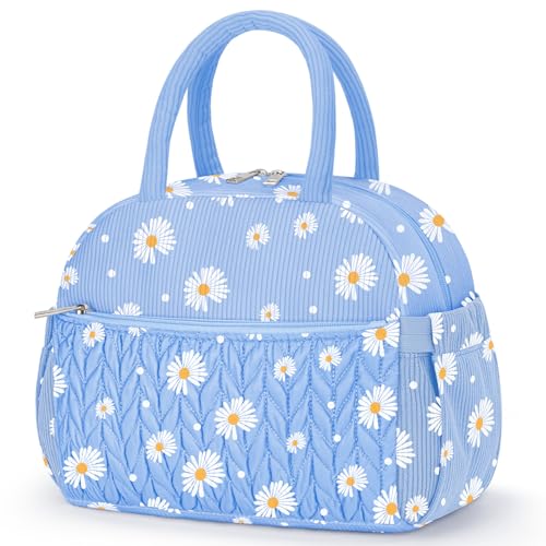 KUBYA Lunch Box for Women, Cute Corduroy Insulated Lunch Bag Women Reusable Work Leakproof Simple Adults Large Lunch Boxes Tote Bag Men Cooler Bag - color: B-Blue Daisy, size: Medium - 10L