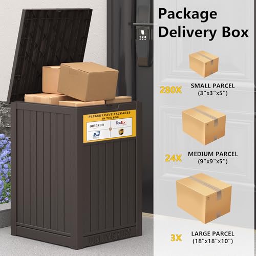 LHBGO Package Delivery Box for Outside, with Delivery Sign 48 Gallon Storage with Lockable Secure, Large Resin Outdoor Package Drop Container - color: Brown with Delivery Sign