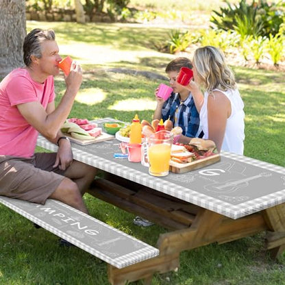 Picnic Table Cover with Bench Covers Elastic Edges, Grey Camper Fitted Table Cover, Outdoor Patio Camping Essentials 72 Inch 3PCS, Waterproof Camping Fitted Tablecloth with Drawstring Bag - color: Grey, size: 72in