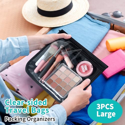 HIONXMGA TSA Approved Toiletry Bag, Set of 3 Clear Travel Toiletry Bag Quart Size Zipper Travel Pouch, Waterproof Makeup Cosmetic Bag for Women Men Kids Toiletries Carry on, Black Large - color: Black, 3 Large