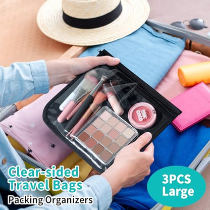 HIONXMGA TSA Approved Toiletry Bag, Set of 3 Clear Travel Toiletry Bag Quart Size Zipper Travel Pouch, Waterproof Makeup Cosmetic Bag for Women Men Kids Toiletries Carry on, Black Large - color: Black, 3 Large